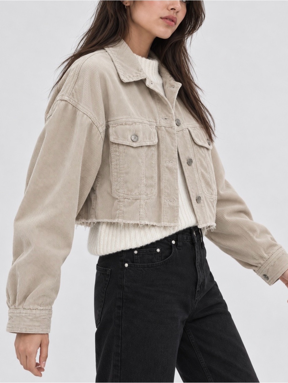 Zara Cropped Corduroy Shacket Shirt Jacket Beige Utility Button Front Size S